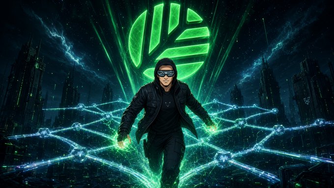 Digital artwork of a hooded figure in tactical gear and sunglasses standing on a glowing green hexagonal grid, with a large green leaf logo and futuristic city skyline in the background.