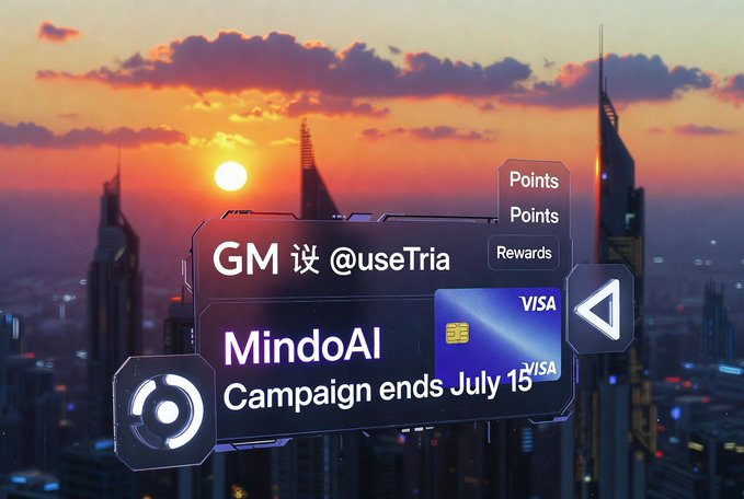 The image features a city skyline at sunset with a large billboard displaying information about a campaign for Mindo AI. The billboard includes text promoting GM Morning with @useTria, neofinance app for spending, trading & earning, and an upcoming campaign that ends on July 15th.