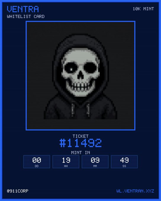 A digital 'VENTRA WHITELIST CARD' features a grim reaper skull graphic, a ticket number '#11492', and a countdown timer set for 19 minutes and 9 seconds.