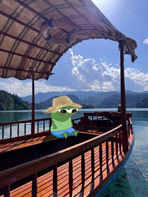 Frog wearing a straw hat sitting on a boat. Caption: "gm" from a relaxed frog in a sun hat soaking up the good morning vibes on a wooden boat over a calm lake.
