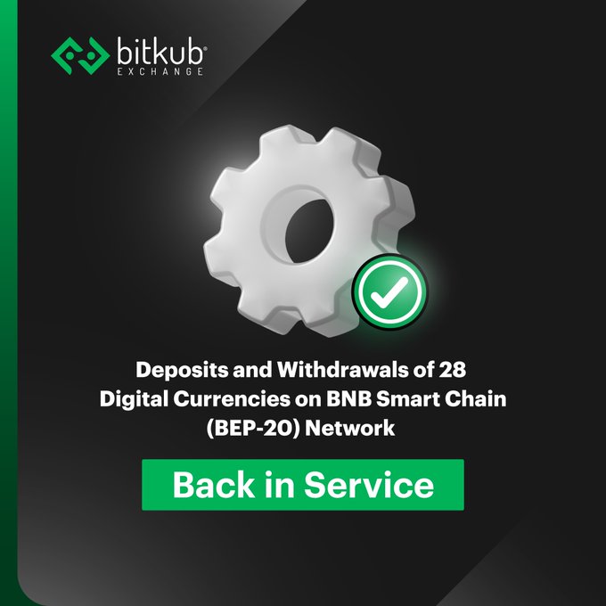 A Bitkub Exchange announcement graphic featuring a silver gear with a green checkmark, declaring that deposits and withdrawals of 28 digital currencies on the BNB Smart Chain (BEP-20) network are "Back in Service."