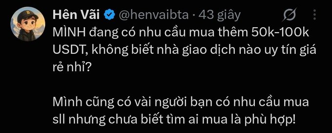 A tweet from verified account 'Hén Vãi (@henvaibta)' asking for recommendations on affordable, reputable exchanges to buy an additional 50k-100k USDT, mentioning friends also wanting to buy in bulk.