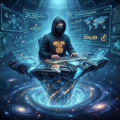 Digital artwork depicting a hooded hacker figure sitting at a laptop on a floating platform, surrounded by glowing blue data screens displaying financial information and a Bitcoin logo on their shirt.