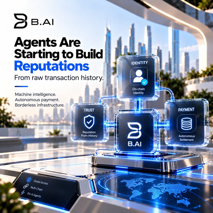 A promotional graphic for B.AI titled 'Agents Are Starting to Build Reputations,' highlighting machine intelligence, autonomous payment, and borderless infrastructure with icons for Identity, Trust, and Payment.