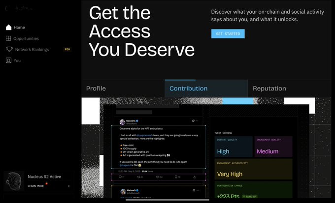 A screenshot of a dark-themed dashboard with the heading 'Get the Access You Deserve' and a 'GET STARTED' button, featuring tabs for 'Profile,' 'Contribution,' and 'Reputation' with a social media post and scoring metrics visible below.