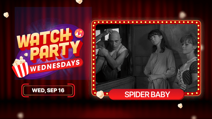 Promotional graphic for a "Watch Party Wednesdays" event on Wednesday, September 16, featuring the classic film "Spider Baby." The design shows a black-and-white scene of three characters framed by a marquee light border against a red curtain backdrop, with popcorn graphics and a clock icon matching the event's cinematic theme.
