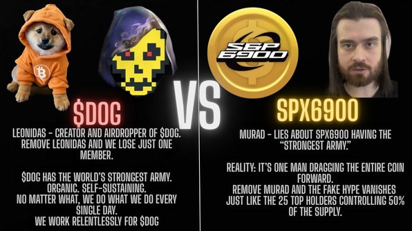 A promotional graphic comparing '$DOG' and 'SPX6900' cryptocurrencies, praising $DOG as organic and self-sustaining under Leonidas, while criticizing SPX6900 as a one-man project with centralized supply.