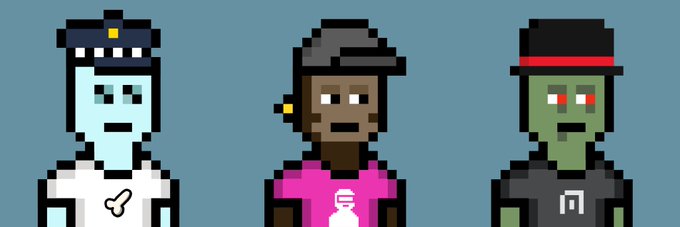 The image features three cartoon characters, each wearing a different colored shirt - pink, black, and green. The characters are standing next to each other against a blue background with white text that reads "your V0 is a canvas, not a static pfp. now rep the communities you'r part of, right on your V0s crossover fits are live. three brand-logo tees you claim free: v0 punks · for every holder penimals · with their blessing normies · cc0 (happy zombie month) hold". The characters appear to be engaged in a conversation or interaction with each other, creating an interesting and dynamic scene within the image.