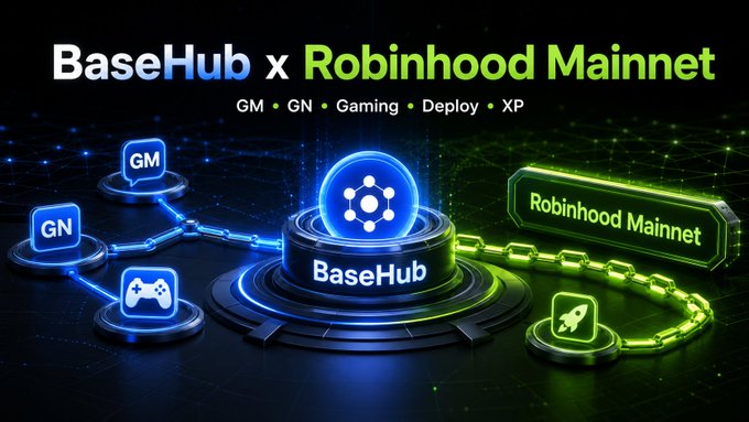 A promotional graphic reading "BaseHub x Robinhood Mainnet" featuring interconnected nodes labeled GM, GN, Gaming, Deploy, and XP, with a central BaseHub hub linking to a Robinhood Mainnet chain.