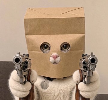 A white cat with a brown paper bag over its head peers through holes while pointing two handguns at the camera, humorously matching the post's confident "zividendz in the bag pal" caption about secured gains or profits.