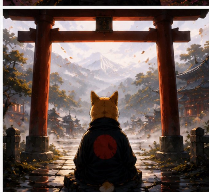 An artistic illustration of a Shiba Inu dog wearing a black jacket with a red circular emblem on the back, sitting and looking through a red torii gate toward Mount Fuji.