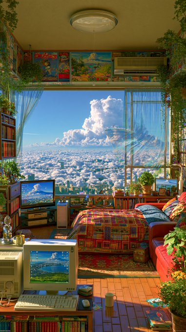 A cozy, nostalgic bedroom filled with retro tech, posters, and plants features a stunning window view of fluffy clouds and cityscape below, with a vintage CRT monitor displaying an anime-style landscape. The "GM" message and "3 days" countdown to a "mimi event" evokes the casual, optimistic morning greeting often shared in anime and online communities, fitting the room's dreamy, escapist aesthetic.
