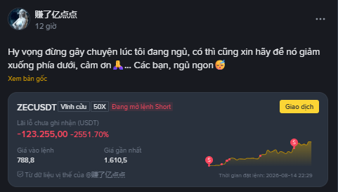 A screenshot of a Vietnamese social media post showing a significant loss on the ZECUSDT trading pair, with the text 'Hãy vọng rằng gây chuyển lúc tới đang ngủ, có thì cũng xin hãy để nó giảm xuống phía dưới, cám ơn' and a loss of -123,255.00.