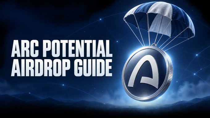 A promotional banner titled "ARC POTENTIAL AIRDROP GUIDE" featuring a large metallic coin emblazoned with the letter "A," descending via a blue-and-white parachute against a dark, cosmic background with stars and clouds, visually symbolizing the deployment of the newly launched $ARC token alongside the Arc Mainnet and hinting at the prospect of a future airdrop.