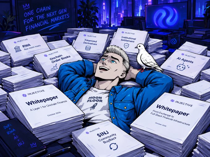 An illustrated graphic shows a character labeled 'MOON FLOOR' lounging among stacks of INJECTIVE documents, including whitepapers on 'RWA,' 'Tokenized Derivatives,' 'Institutional Settlement,' 'Onchain Order Books,' 'AI Agents,' 'Whitepaper' (October 2024), 'Whitepaper' (October 2025), and 'SINJ Community BuyBack,' with a sign reading 'ONE CHAIN FOR THE NEXT GEN FINANCIAL MARKETS.'