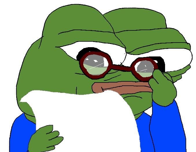 A digital drawing of the Pepe the Frog meme character wearing round red glasses and a blue shirt, reading a white document or paper.
