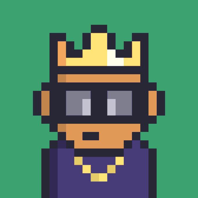 The image features a cartoon character wearing a crown, glasses, and a gold chain around their neck. They are dressed in a purple shirt with a gold chain. The caption "Gm Ordinals" is written below the image.