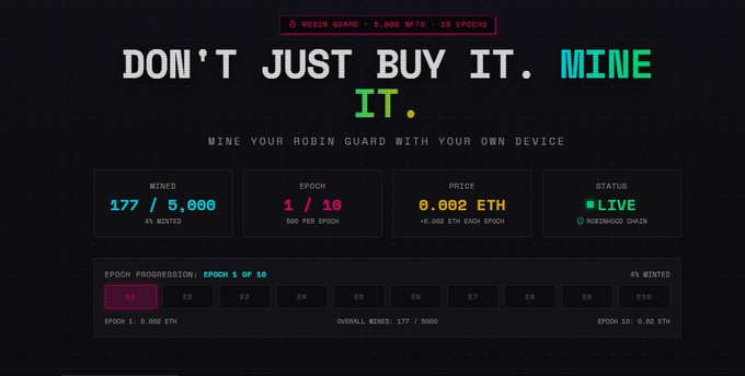A dark promotional webpage displays 'DON'T JUST BUY IT. MINE IT.' for 'ROBIN GUARD', showing statistics like '177 / 5,000' mined and a price of '0.002 ETH'.