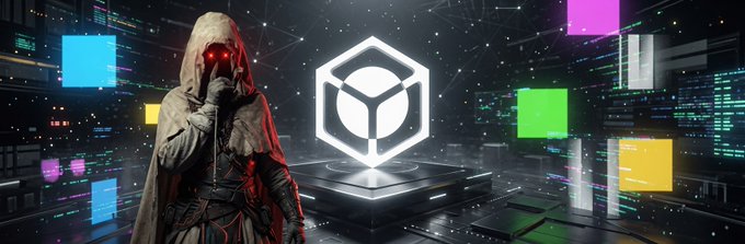 A dark, futuristic graphic featuring a hooded figure with glowing red eyes standing next to a large, glowing 3D cube logo on a pedestal, surrounded by digital screens.