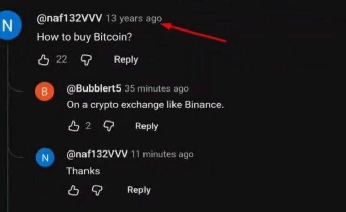 A YouTube comment exchange where user @naf132VVV asked 'How to buy Bitcoin?' 13 years ago, and was answered 'On a crypto exchange like Binance.' by @Bubblert5 35 minutes ago.