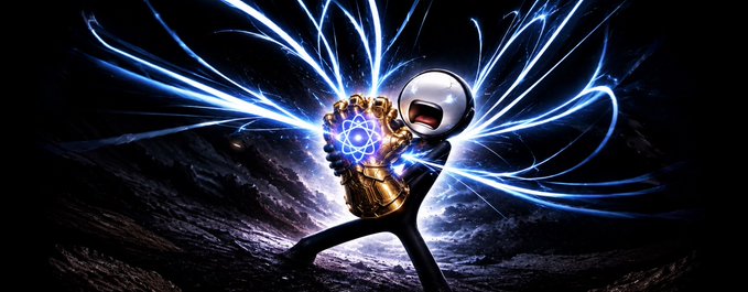 A stick figure character wearing a gold gauntlet with glowing blue energy effects, standing in a dramatic pose against a dark, rocky background with light rays.