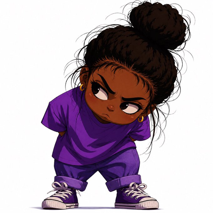 A cartoon illustration of a young Black girl with a large bun, wearing a purple shirt, purple pants, and purple sneakers, standing in a defiant pose with an angry expression.
