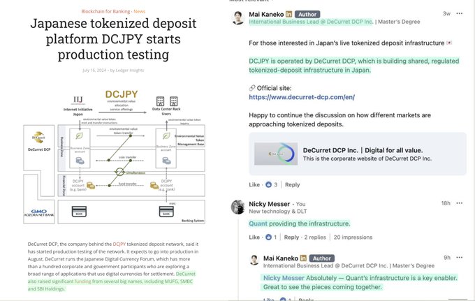 A LinkedIn post and news article titled 'Japanese tokenized deposit platform DCJPY starts production testing' is shown alongside a diagram of the DCJPY system.