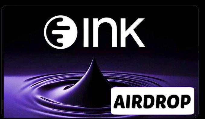 The image features the Ink blockchain logo above a purple water droplet graphic, with an "AIRDROP" label in the bottom right corner, visually promoting the speculated Ink airdrop that the post discusses in connection with TOKEN2049 Singapore and rumored upcoming checker/snapshot activities.