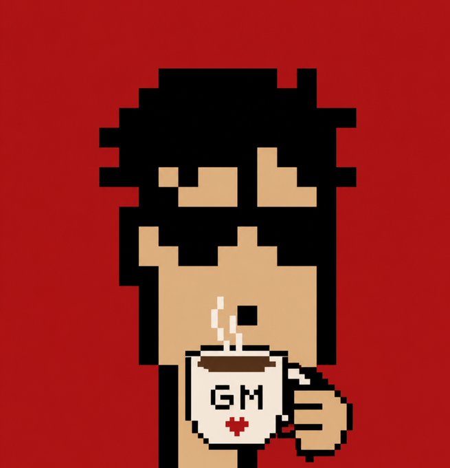 A pixel art illustration on a red background shows a woman with dark hair holding a coffee mug labeled 'GM' with a small heart.