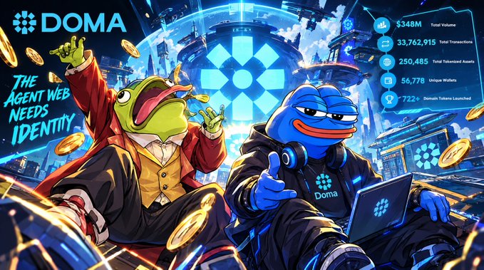 Promotional graphic for DOMA featuring Pepe the Frog and a blue frog character with text 'THE AGENT WEB NEEDS IDENTITY' and stats showing $348M Total Volume, 33,762,915 Total Transactions, 250,485 Total Tokenized Assets, 56,778 Unique Wallets, and 722+ Domain Tokens Launched.
