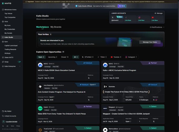 Screenshot of Kaito Studio's marketplace interface showing various creator and brand opportunities including campaigns from MEXC, Axis Robotics, Kairon, Megapool, and TrueCurrency across platforms like X, TikTok, YouTube, and Instagram.