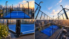 A collage of four images showing blue padel courts in outdoor urban settings.