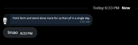 A screenshot of a text message exchange shows a friend writing "Point farm and stonks done more for us than if in a single day" followed by a reply "Imao" at 6:33 PM, humorously highlighting how meme stocks and point farming achieved more in one day than usual efforts.
