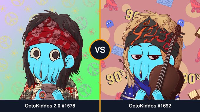 A comparison graphic of two cartoon blue octopus-like NFT characters labeled 'OctoKiddos 2.0 #1578' and 'OctoKiddos #1692' against a '90's' themed background.