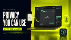 A promotional graphic featuring a laptop displaying a stock chart, a shield icon with a lock, and text reading 'PRIVACY YOU CAN USE. LIVE. On macOS. PROTECT YOUR FILES. YOUR DATA. IO.'