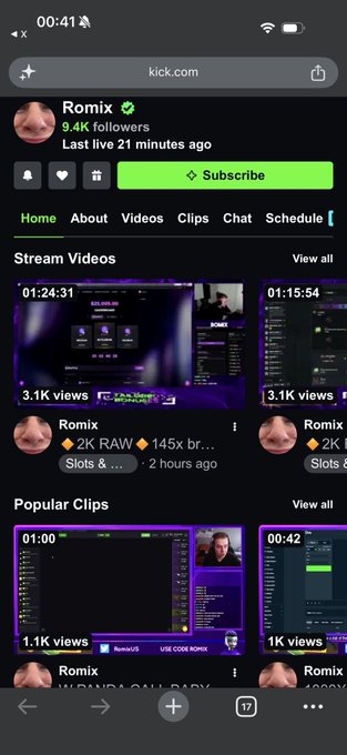 A mobile screenshot of the kick.com channel 'Romix' showing 9.4K followers and recent slot/gambling stream videos.