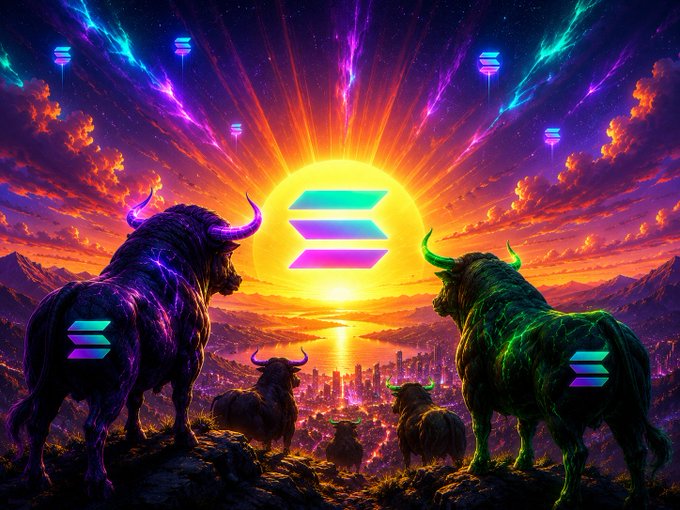 A vibrant sunrise scene features glowing bulls overlooking a city skyline, with the Solana logo prominently displayed as the sun and stylized "$SOL" symbols emerging from the horned figures, visually capturing the bullish "$SOL" sentiment of the post.