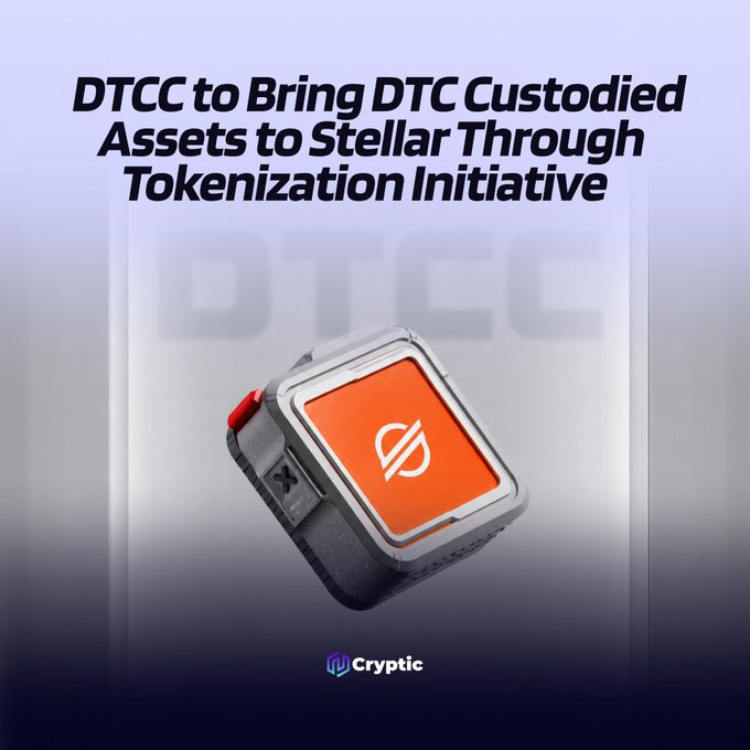 The image features a square-shaped object with an orange border, which appears to be a keychain or wristwatch. It has a white background that contrasts with its vibrant color. Below the main subject of the image, there's text that reads "HUGE: @The_DTCC and the @StellarOrg Development Foundation plan to bring tokenized DTC custumbered assets onto the Stellar network by 2027." This information is likely related to a post about the development of tokenized DTC custumbered assets on the Stellar network.