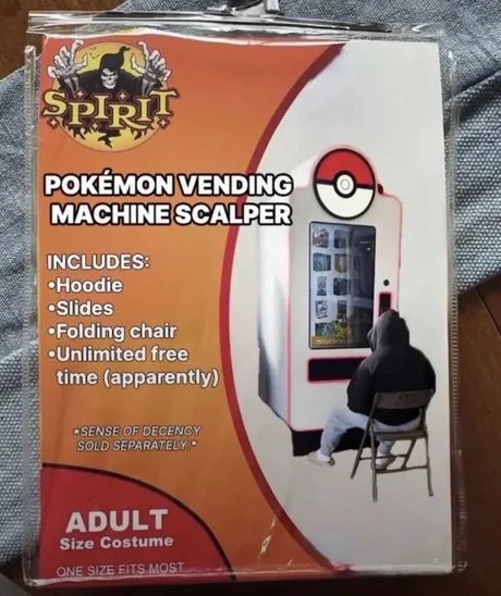 A humorous costume package labeled 'SPIRIT' marketed as a 'POKÉMON VENDING MACHINE SCALPER' adult costume, including a hoodie, slides, and a folding chair.