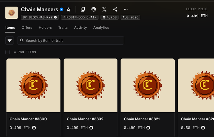 A NFT marketplace listing for 'Chain Mancors' on Robinhood Chain, with 4,768 items, each priced at 0.499 ETH.