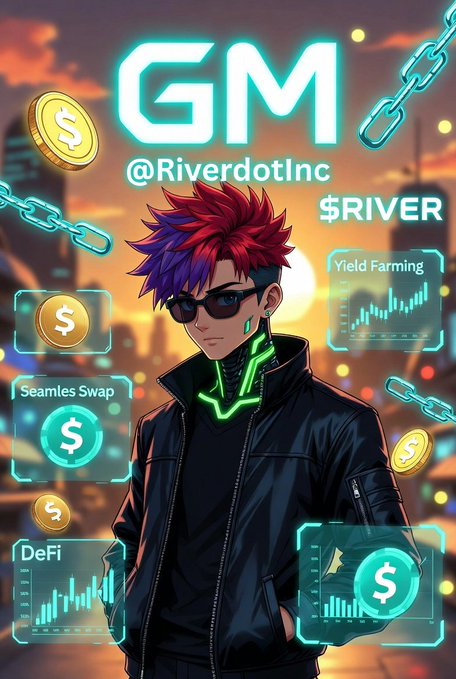 The image features a cartoon graphic of a man wearing sunglasses, standing against an urban backdrop with a chain-link fence nearby. The background includes a city skyline at dusk, suggesting that this could be a promotional poster for a streaming service like GM. Above the man's head, there is text about "GM GM" and "RiverdotInc". Below the man's head, another set of texts states that "RIVER ?". The poster also offers various services such as "DeFi", "chain-abstraction stablecoins seamless swaps", "real yields", and "building the future of DeFi the right way. Who’s stacking and farming? Let's keep the momentum going!".