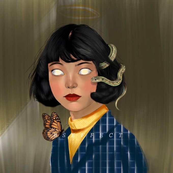 A digital illustration of a woman with glowing white eyes, a halo, a snake in her hair, and a monarch butterfly on her shoulder, wearing a blue plaid jacket and yellow shirt, with the word 'PERFECT' visible across her chest.