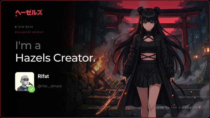 An anime-style graphic featuring a dark-clad female character with a sword, with text reading "I'm a Hazels Creator." alongside a profile for user "Rifat (@rifat__dimple)" and Japanese text "ヘーゼルス".