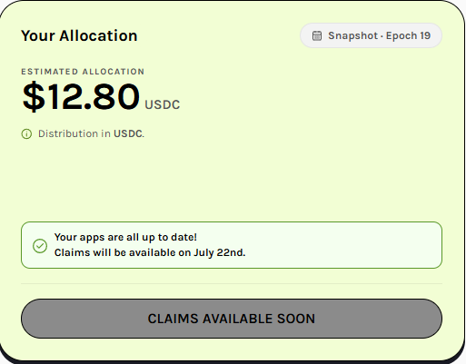 The image shows a "Your Allocation" dashboard displaying an estimated allocation of $12.80 USDC for Snapshot Epoch 19, with a note that claims will be available on July 22nd. The poster humorously contrasts the modest $12.80 reward with their hyperbolic description of claiming "life changing money" after nearly two years of running a GRASS node and Chrome extension.