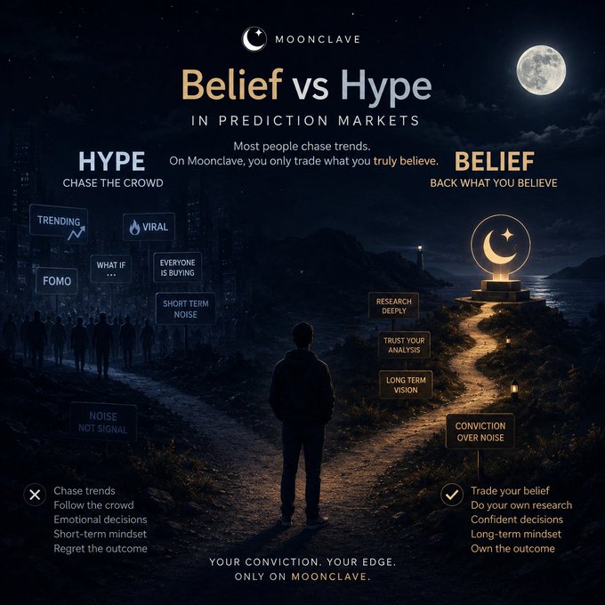 'MOONCLAVE Belief vs Hype' promotional poster set at night under a full moon, contrasting 'HYPE' (trending, FOMO, noise) on a shadowy path with 'BELIEF' (research, conviction) leading to a glowing crescent monument.