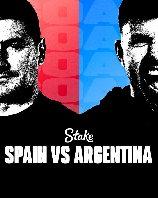 A promotional graphic from Stake features high-contrast black-and-white portraits of two male athletes against a split red and blue background, with the text "SPAIN VS ARGENTINA" displayed prominently in white lettering below the "Stake" logo, promoting a sports matchup between the two countries.