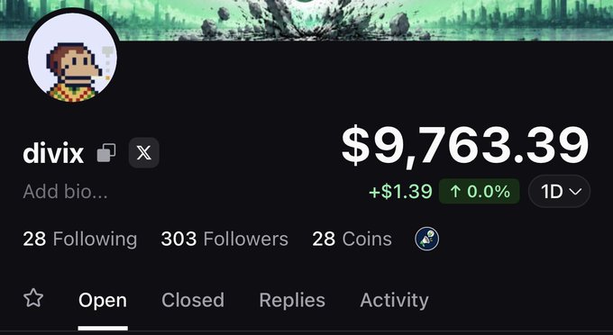 The image shows a profile page for "divix" with a portfolio value of $9,763.39 (up $1.39 or 0.0%), 303 followers, 28 following, and 28 coins held, implying they are browsing their followers on the Pump.fun platform to review their trading activity.