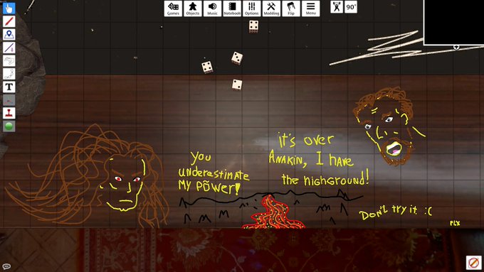 A Tabletop Simulator game of Liar's Dice featuring a hand-drawn comic strip with characters declaring "You underestimate my power!" and "It's over Anakin, I have the highground! Don't try it :("—visually satirizing the post's confident claim of a "final squeeze" before liquidity runs out, with the "highground" quote warning that short-sellers trying to challenge the bullish setup will lose.