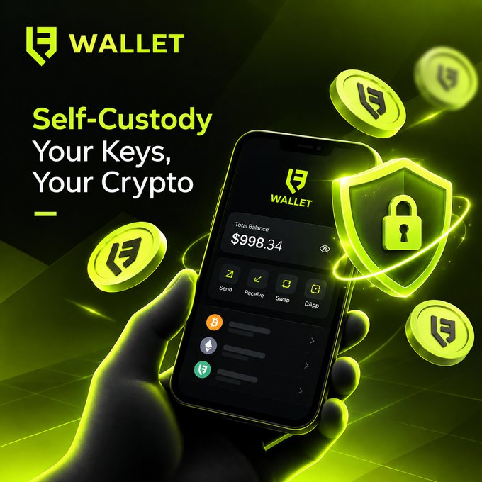A hand holds a smartphone displaying the LFWallet app showing a total balance of $998.34 alongside Send, Receive, Swap, and DApp options, with floating coins and a glowing shield-and-padlock icon reinforcing the "Self-Custody: Your Keys, Your Crypto" tagline. The visual reinforces the post's message by emphasizing user control and security over assets, illustrating how self-custody keeps crypto directly in the user's hands rather than a company's database.