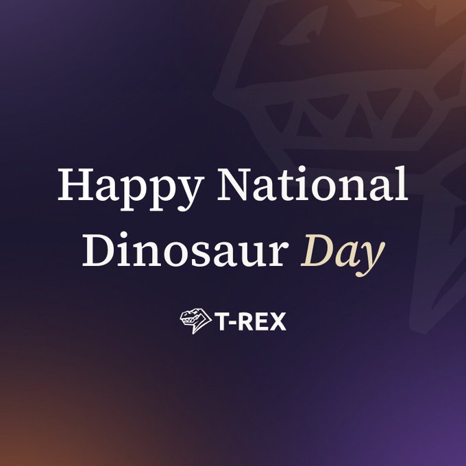 The image features a purple background with white text that reads "Happy National Dinosaur Day" followed by an explanation of the T-Rex logo. The text also mentions that the T-Rex is back, which could be related to the celebration of National Dinosaur Day.